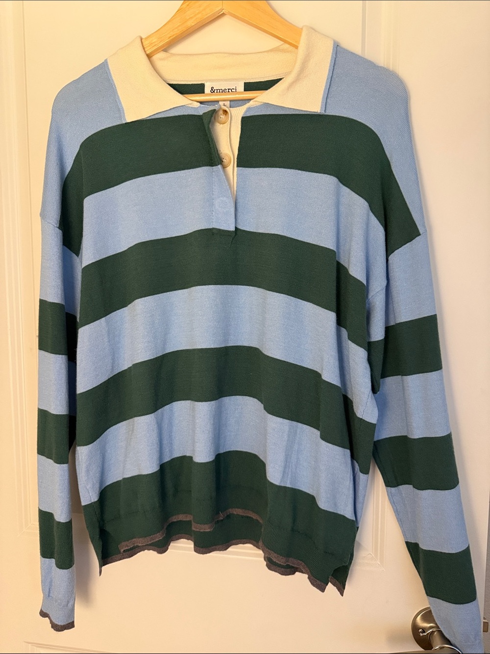 &merci Blue and Dark Green Striped Polo Sweater